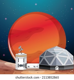 Paisaje del asentamiento espacial con la ilustración del planeta de Marte