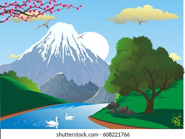 Landscape - spring. The cherry blossoms. Green hills. The mountain ridge. The volcano. Sunrise. Vector illustration