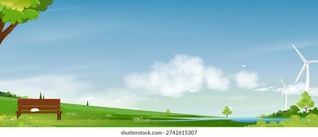 Landscape spring field,green nature,blue sky,cloud,Vector landscape rural hill, wind turbines,Renewable energy concept,eco friendly environment,sustainable power generation in countryside scene