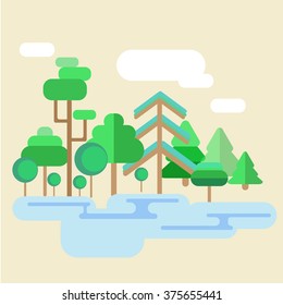 landscape of a spring forest with different species of trees