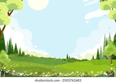 Landscape Spring garden in park with flower,grass field on hill with blue sky,cloud background for Easter banner,Horizon peaceful rural nature Sunny day Summer,Cartoon Vector illustration forest trees