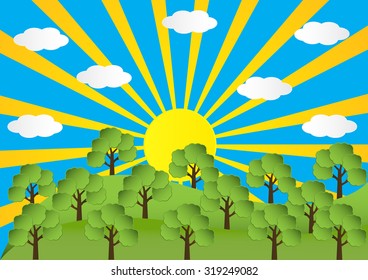 Landscape of spring season mountain with sun ray and cloud and trees. Vector illustration.