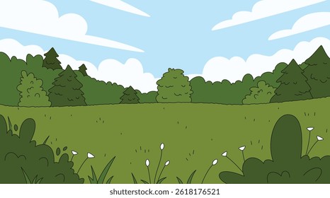 Landscape spring summer meadow in forest with flowers, grass field with blue sky, cloudy background