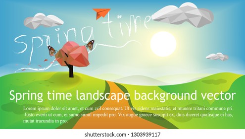 landscape spring summer,green grass with sunrise blue sky background,polygon design shape,geometric and triangle shape,nature concept,vector art and illustration.