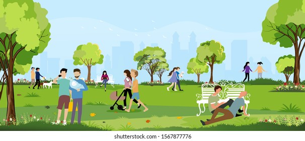 Landscape Spring Time With People Spending Time Together In The Park, Girl Reading A Book,lesbian Talking,gay Couple Holding Baby,two Lgbt Woman Walking With Baby And Lgbt Couple Sitting On Grass