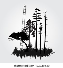Landscape staircase abstract black silhouette forest island illustration