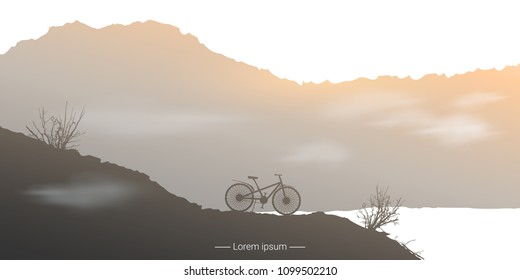 Landscape with standing bicycle and mountain background. Vector illustration