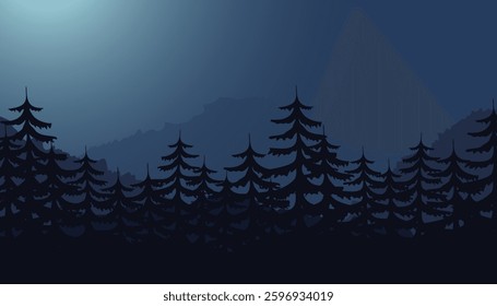 Landscape with starry gradient sky. landscape with silhouette trees. mountains and forest landscape in the night. starry night sky