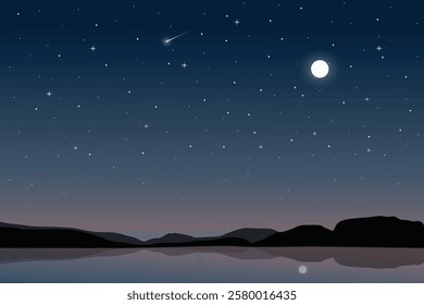 A landscape of starry sky and moon with mountain lake