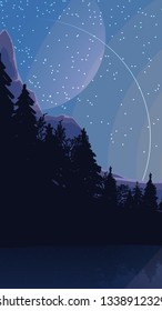 Landscape with starry sky, planets, pine forest in the mountains. Vector illustration