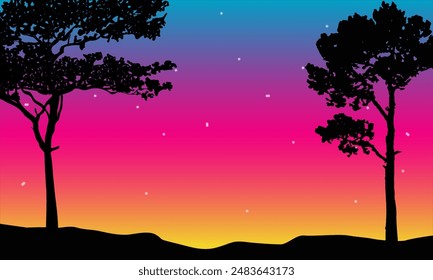 landscape of stars in the sky with tree silhouettes and