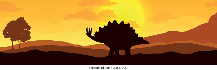 Landscape With Stegosaurus Silhouette. The Concept Of The Prehistoric World. Dinosaurs. Vector