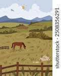 Landscape of steppe with horse and fence, mountains and sun in cloudy sky. Vector illustration of mustang on pasture, meadow with green grass, mane in nature conversation