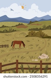 Paisaje de estepa con caballo y valla, montañas y sol en cielo nublado. Ilustración vectorial de mustang en el pasto, prado con la hierba verde, melena en conversación de la naturaleza