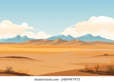 Landscape of steppe mountains. Beautiful vector landscape of mountains in an arid steppe against a blue sky background with amazing clouds.