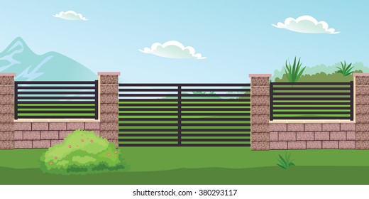 Landscape stone and metal fence and gate