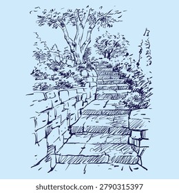 Landscape with stone and stairs vector for illustration, card, decoration
