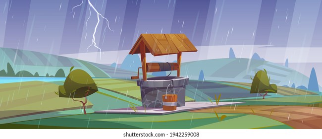 Landscape with stone well and rain
