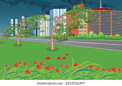 Paisaje de una tormenta acercándose a la ciudad. Los árboles están doblados y las hojas soplan en el viento. Ilustración vectorial.