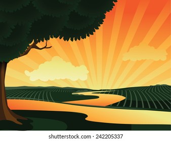 Landscape with stream and tree EPS 10 vector stock illustration