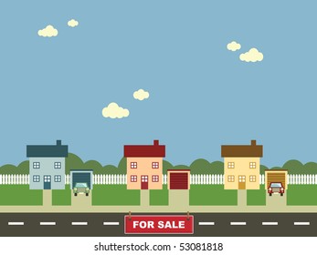landscape with street and houses, one house for sale