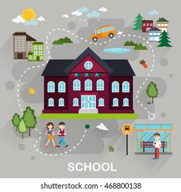 Landscape with students, school bus, school building in flat style. Back to school education concept illustration for web design, layout, banner, diagram, infographic.