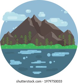 Landscape in the style of flat. Mountains, glittering water and trees
