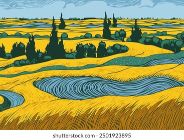 Landscape in the style of Vincent Van Gogh. Vector illustration with wheat field and forest belts