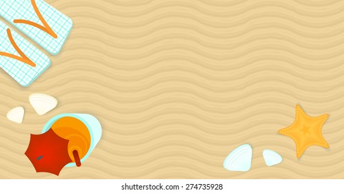Landscape summer banner. Top view with seashells, starfish and cocktail on the beach. 