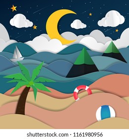 Landscape with summer beach at night time paper art style, stars, clouds and moon origami  vector illustration. 