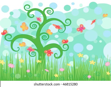 Landscape with summer flowers, butterfly vector