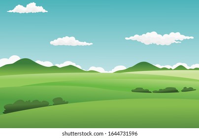 landscape summer green fields background with grass,trees,white cloud and blue sky.cartoon style.vector illustration.