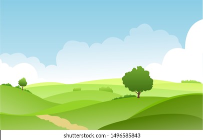 landscape summer green fields and grass trees white cloud   blue sky  vector