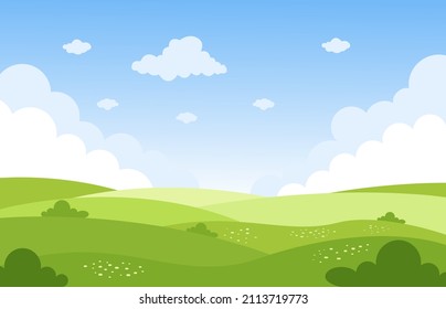 Landscape summer green fields with grass,trees,white cloud and blue sky .vector