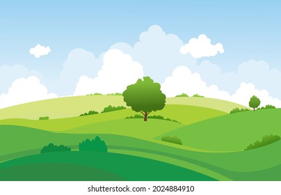 paisajes de verano verdes con colinas, hierbas, árboles, nubes blancas y fondo azul del cielo. ilustración vectorial.