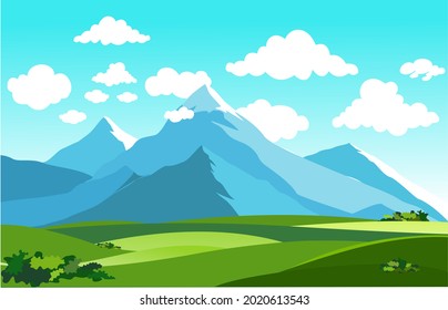 paisajes de verano verdes campos con montañas, hierba, árboles, nubes blancas y cielo azul. campo verde de pueblo fondo. ilustración vectorial.