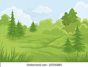 Landscape: summer green forest and blue sky. Vector illustration