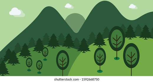 Landscape: summer green forest and blue sky. Vector illustration