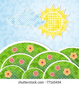 Landscape with sun, cloud and flowers with patchwork effect