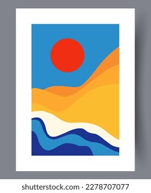 Huella de arte de la pared oceánica de la costa del sol paisajista. Paredes de arte para el diseño interior. Afiche de sol abstracto imprimible mínimo. El fondo decorativo contemporáneo con el océano.