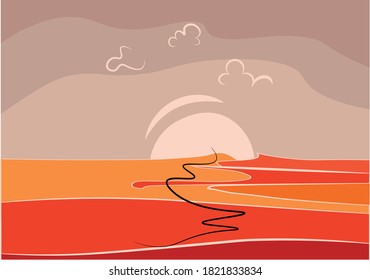 landscape with sun goes down and colorful desert sands