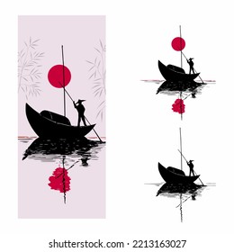 Landscape, sun, lake and boatman in traditional chinese style on vintage watercolor background. Vietnam, China