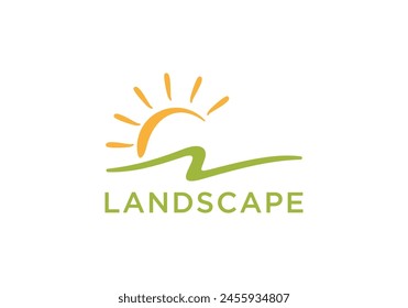 Landschaft mit Sonnenlogo, Kreativ-Agrar-Design-Symbol Vorlage