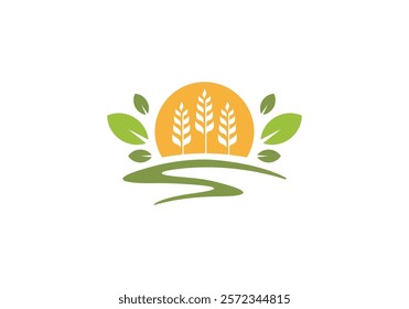 landscape with sun logo, creative nature agriculture symbol vector design