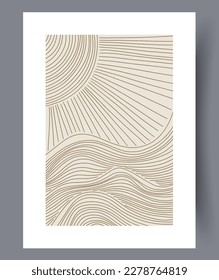 Huella de arte de olas marinas de sol paisajístico. Marco decorativo contemporáneo con olas. Afiche de sol abstracto imprimible mínimo. Paredes de arte para el diseño interior.