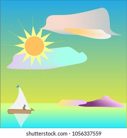 landscape with sun, ocean, boat and clouds