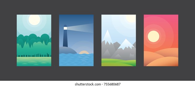 Landscape sun over green forest, lighthouse shining at night in sea, mountain peaks snow and sun over sandy desert vector illustration