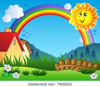 Landscape with Sun and rainbow - vector illustration.