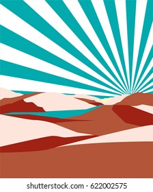 Landscape with the sun rays across the blue sky with red hills