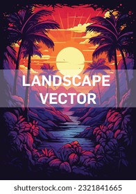 paisaje, con sol y río , púrpura e índigo, colorido , vector